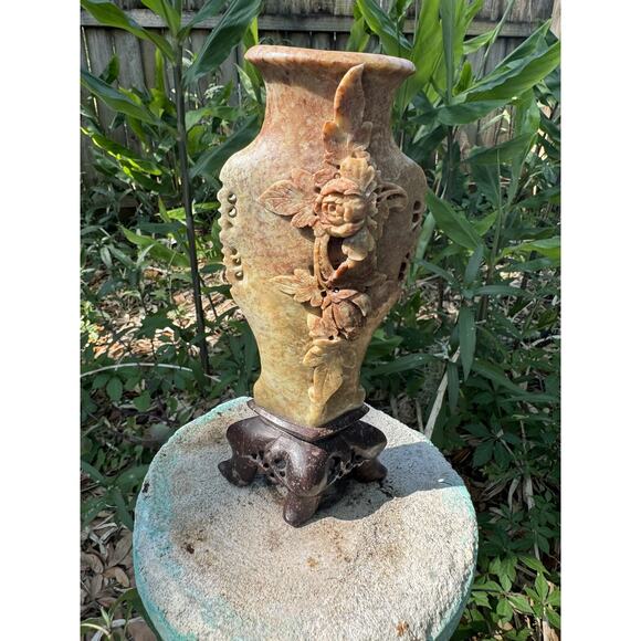 Vintage Carved Soapstone Vase 8” Pedestal Floral Relief Asian Boho MCM Eclectic - Picture 13 of 13